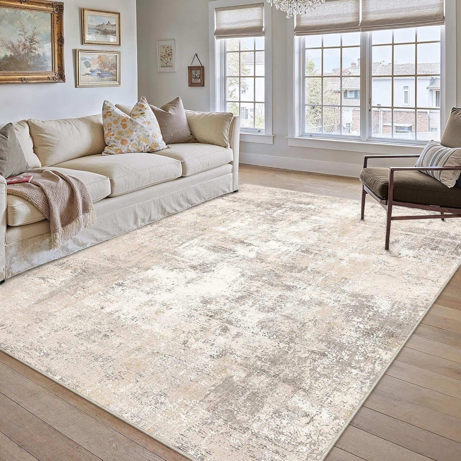 8X10 Washable Area Rug Beige Grey Abstract Living Room Bedroom Carpet Neutral Modern Non Slip Soft Low Pile Indoor Large Throw Rug for Dining Room Office