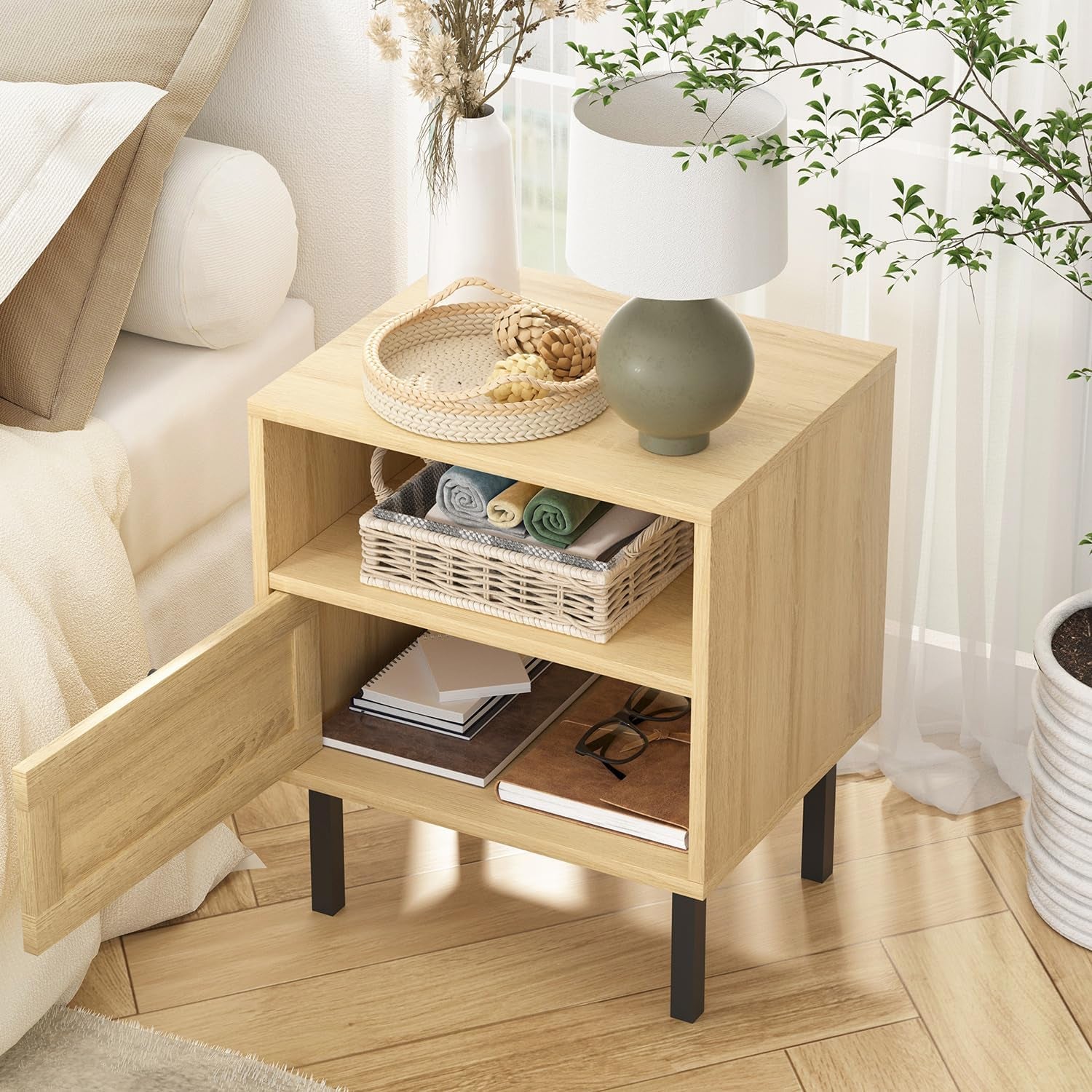 Natural Rattan Nightstand Set of 2, End Table,Boho Bedside Table with 1 Hand Made Decorated Door for Living Room, Bedroom