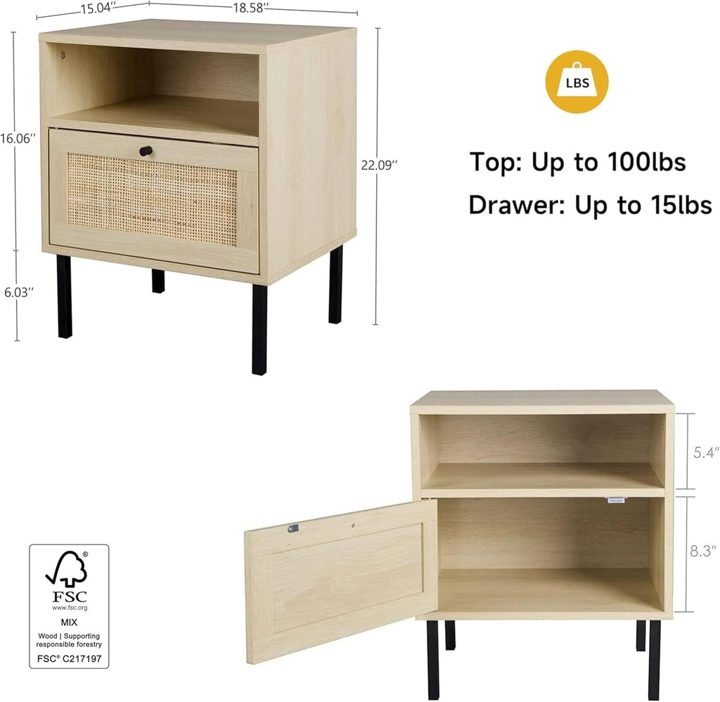 Natural Rattan Nightstand Set of 2, End Table,Boho Bedside Table with 1 Hand Made Decorated Door for Living Room, Bedroom