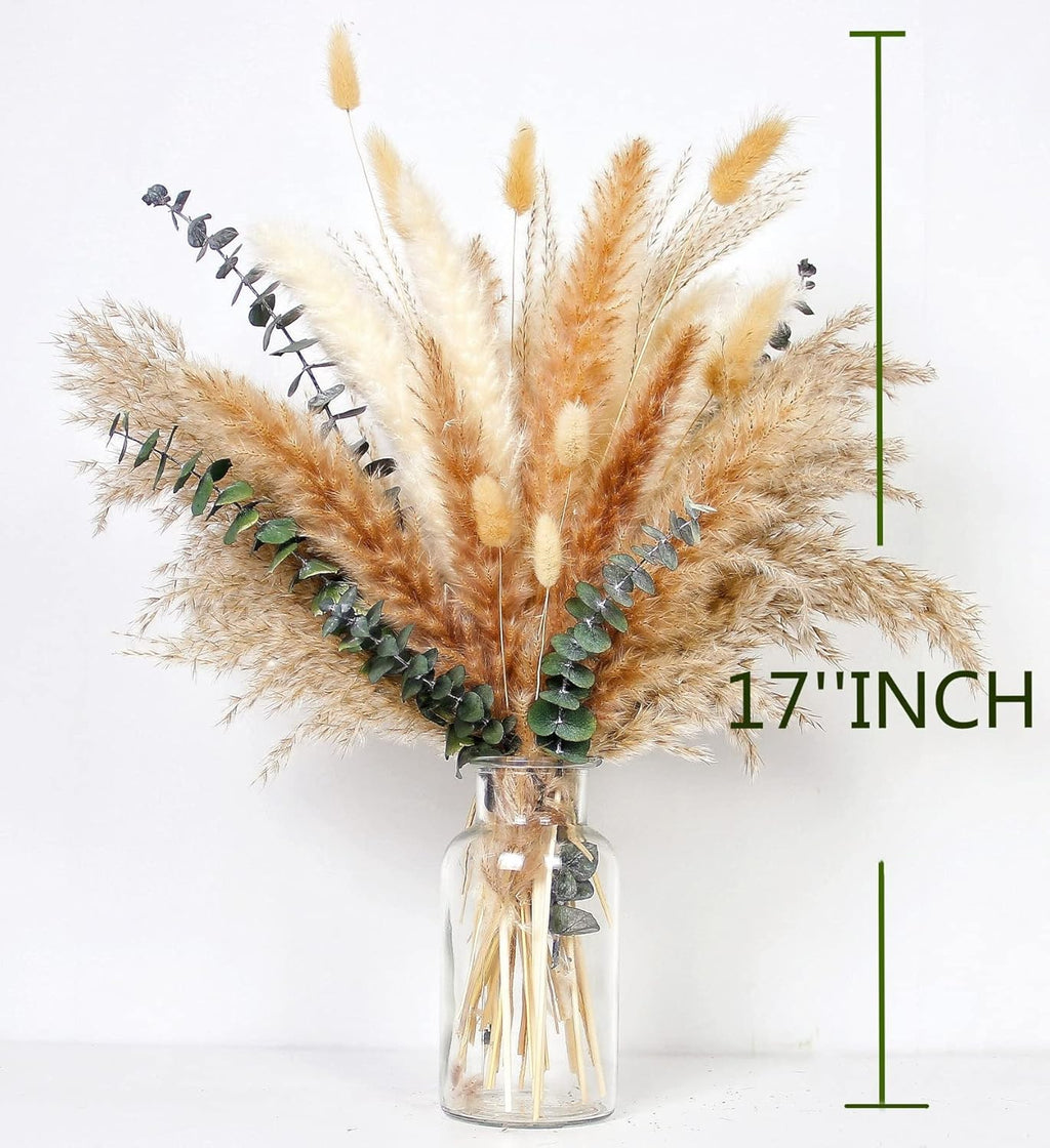 110 PCS of Boho Pampas Grass Decor, Naturally Dried Pompas, Bunny Tails Dried Flowers, and Dried Eucalyptus. Perfect for Weddings, Boho Party Decorations, and Table Decor.