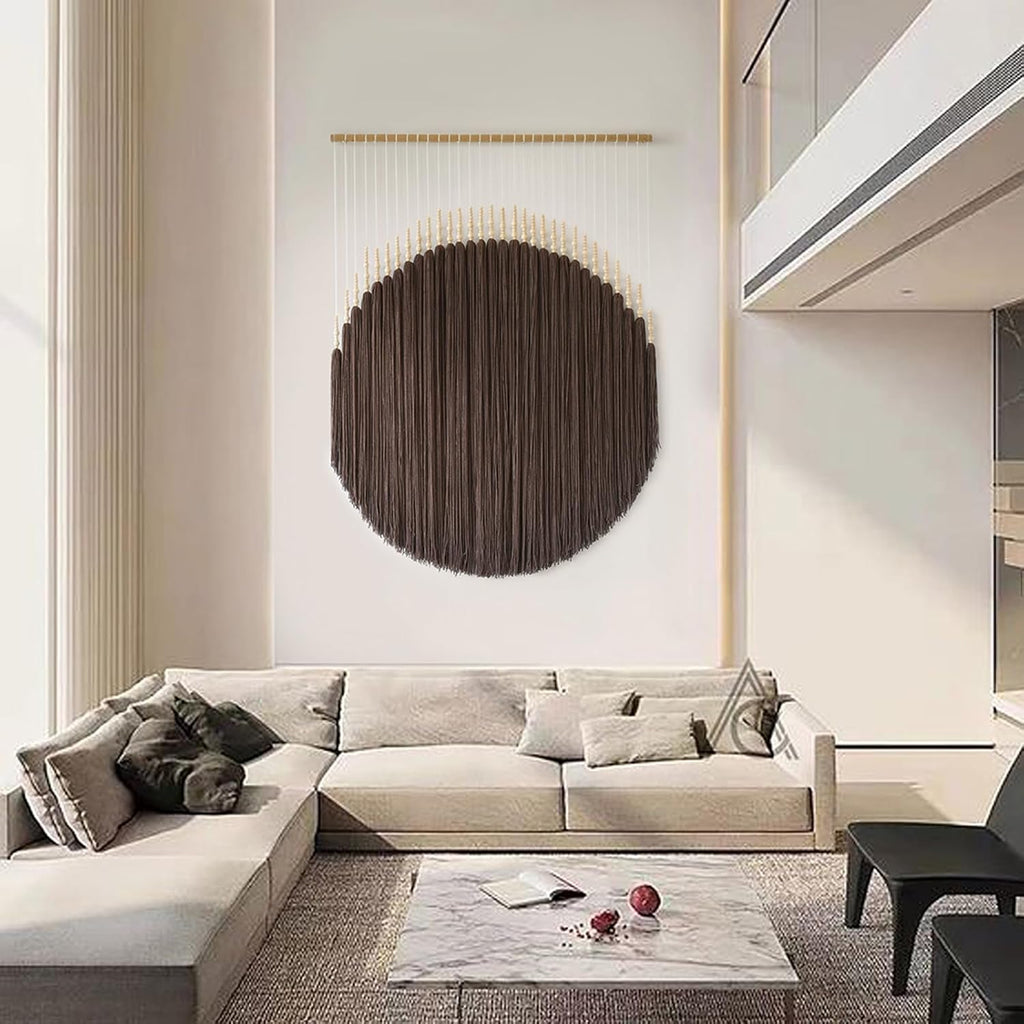 Macrame Wall Hanging Brown Yarn Beaded Backdrop Boho Wall Decor round Tassel Home Wall Aesthetic Living Rooms Bedrooms Offices Geometric Art Chic Home Decor 39" W X 55" L
