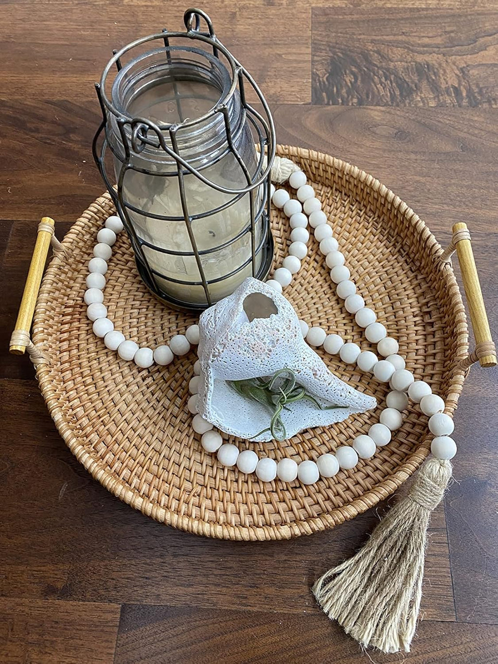 58 Inches Wood Bead Garland,Wooden Beads with Tassel,Farmhouse Beads Rustic Prayer Beads Boho Beads for Farmhouse Tiered Tray Coffee Table Mantel Decor (2 Pack)