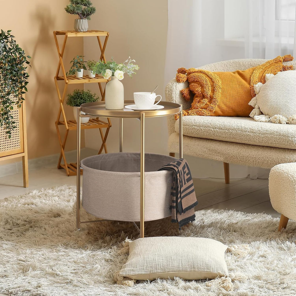 round Side Table with Fabric Storage Basket, Metal Side Small Bedside Table Nightstand with Removable Tray Top for Living Room, Bedroom, Nursery, Laundry, Gold