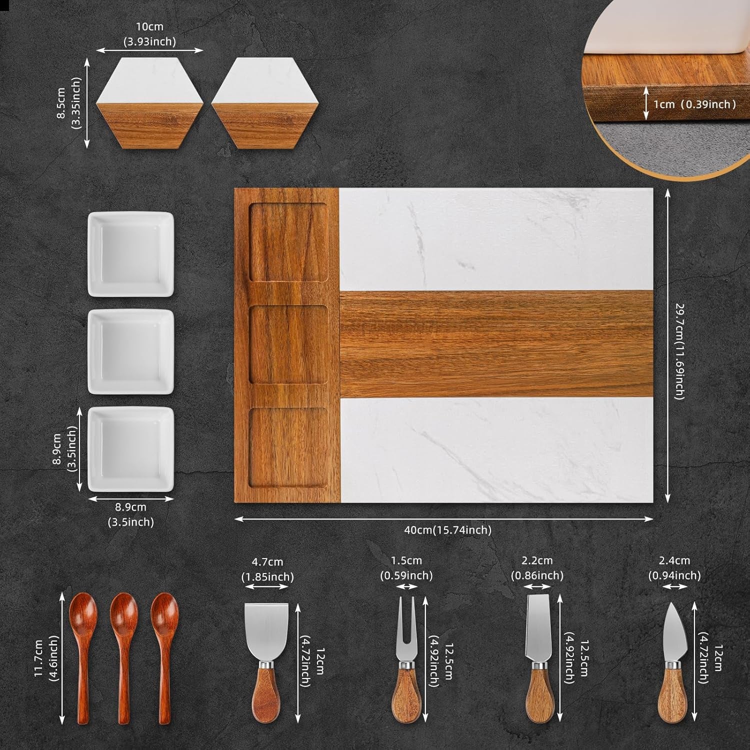 Charcuterie Board Set, Marble Cheese Boards, 15.74“ Wood - Marble Cheese Board Set for Couples 2025, Bridal Shower, Housewarming Gifts New Home, Gifts for Women