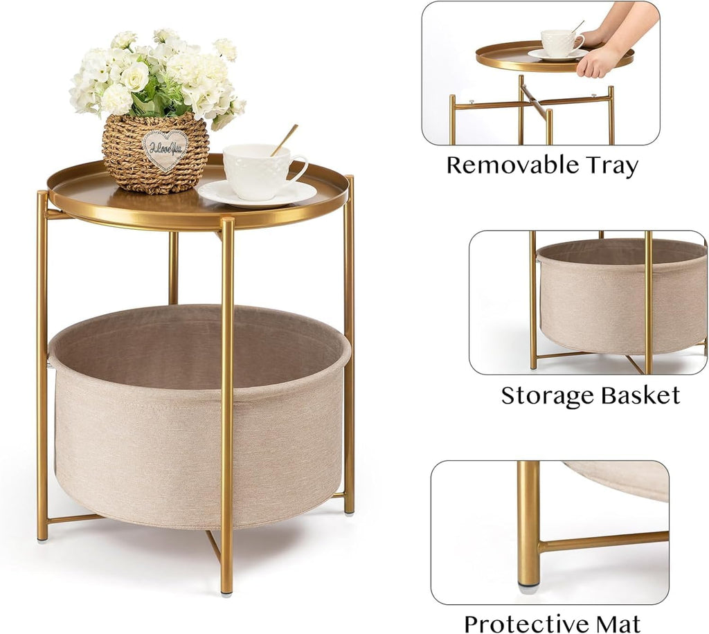 round Side Table with Fabric Storage Basket, Metal Side Small Bedside Table Nightstand with Removable Tray Top for Living Room, Bedroom, Nursery, Laundry, Gold