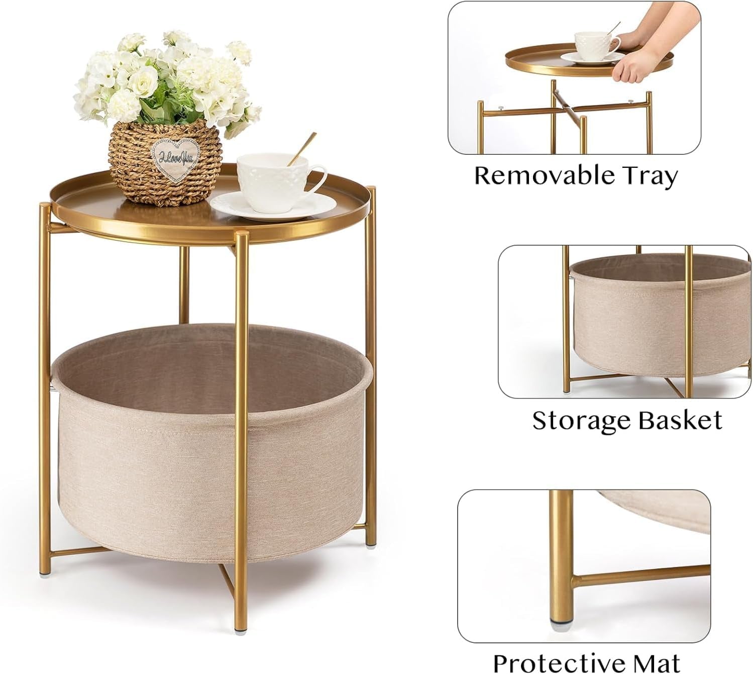 round Side Table with Fabric Storage Basket, Metal Side Small Bedside Table Nightstand with Removable Tray Top for Living Room, Bedroom, Nursery, Laundry, Gold