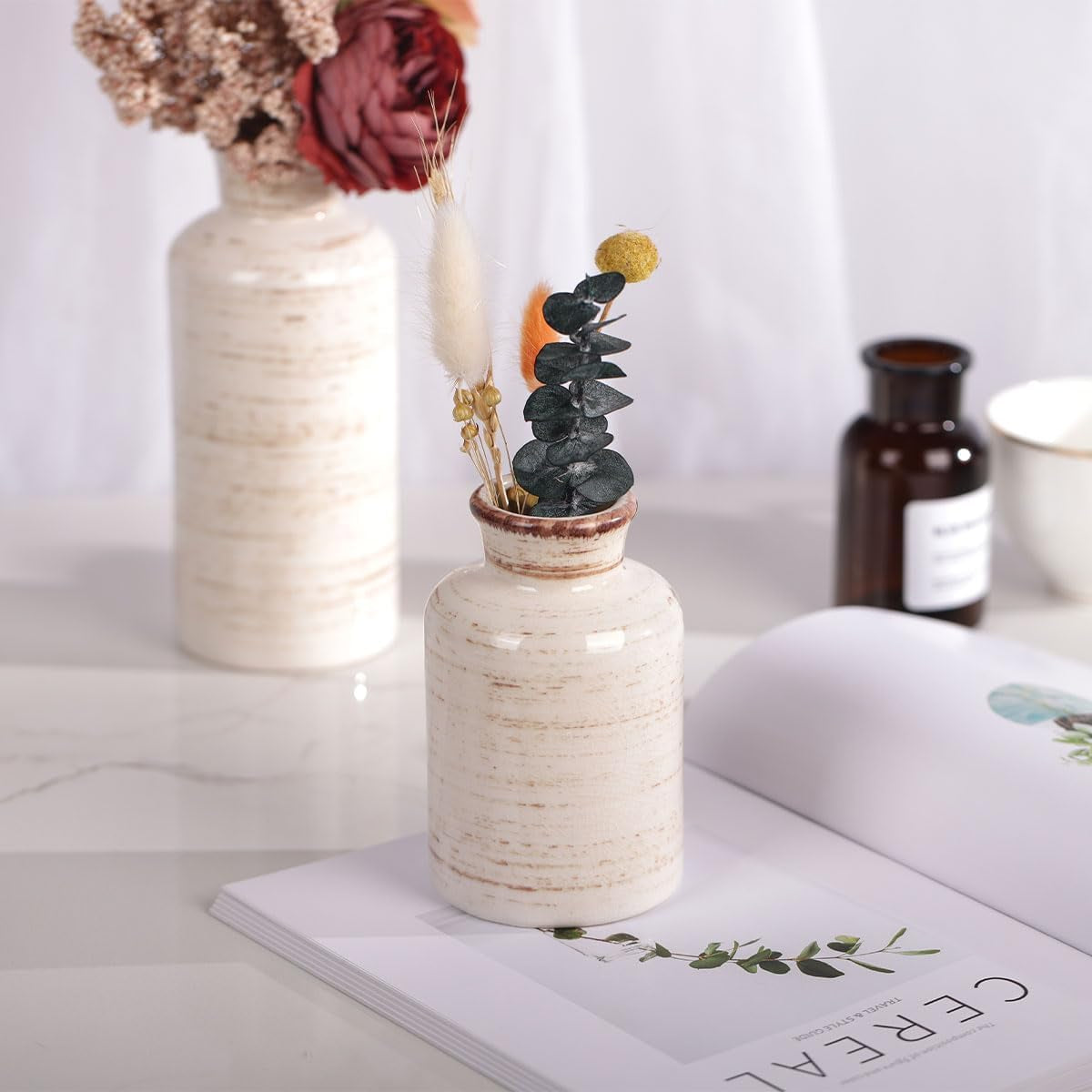 Ceramic Vase Set - 3 Ceramic Small Vases, Farmhouse Country Flower Vase Home Decor, Living Room Decoration, Table Decoration, Fireplace Decor, and Entrance Decorations Centerpieces