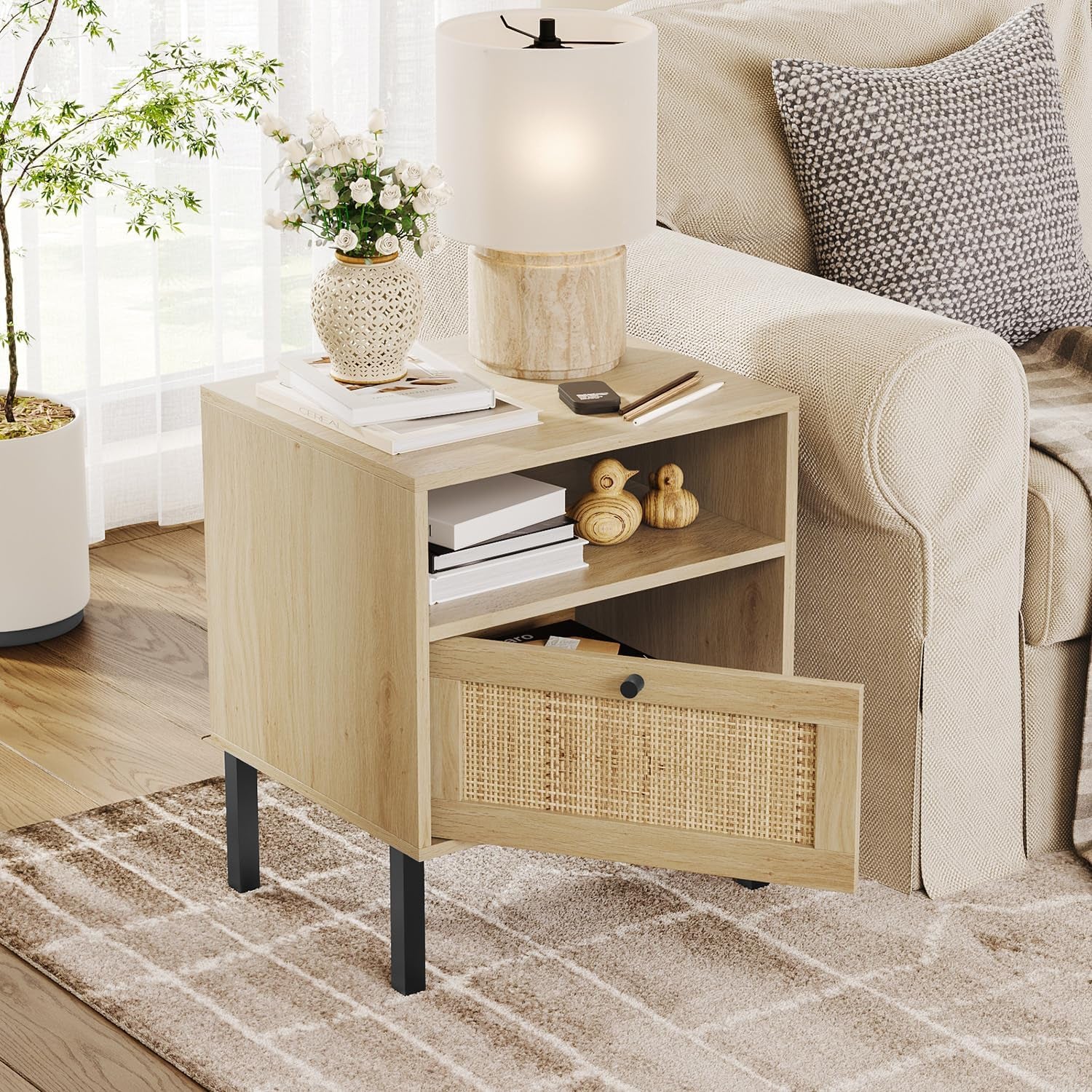 Natural Rattan Nightstand Set of 2, End Table,Boho Bedside Table with 1 Hand Made Decorated Door for Living Room, Bedroom