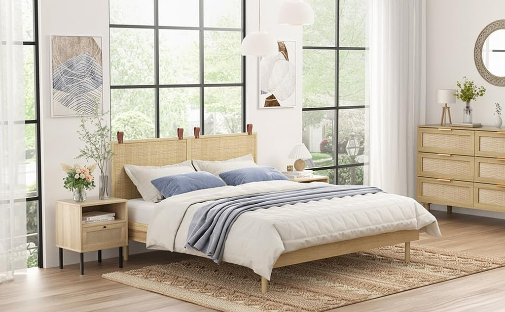 Natural Rattan Nightstand Set of 2, End Table,Boho Bedside Table with 1 Hand Made Decorated Door for Living Room, Bedroom