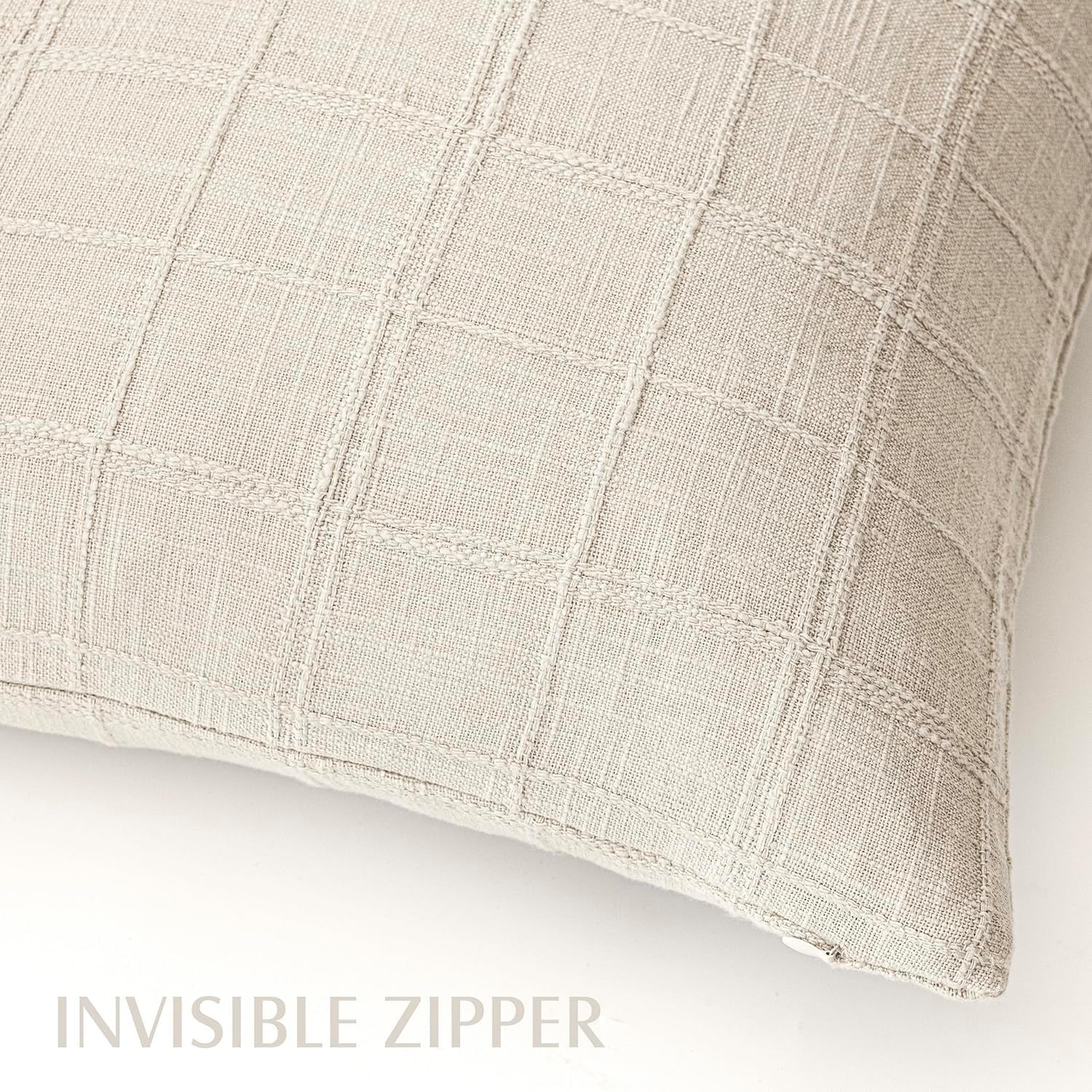 Set of 2 Decorative Linen Check Throw Pillow Covers Neutral Farmhouse Vintage Cushion Covers Modern Boho Home Decor for Sofa Chair Couch Bedroom Living Room,20×20 Inch,Natural Beige