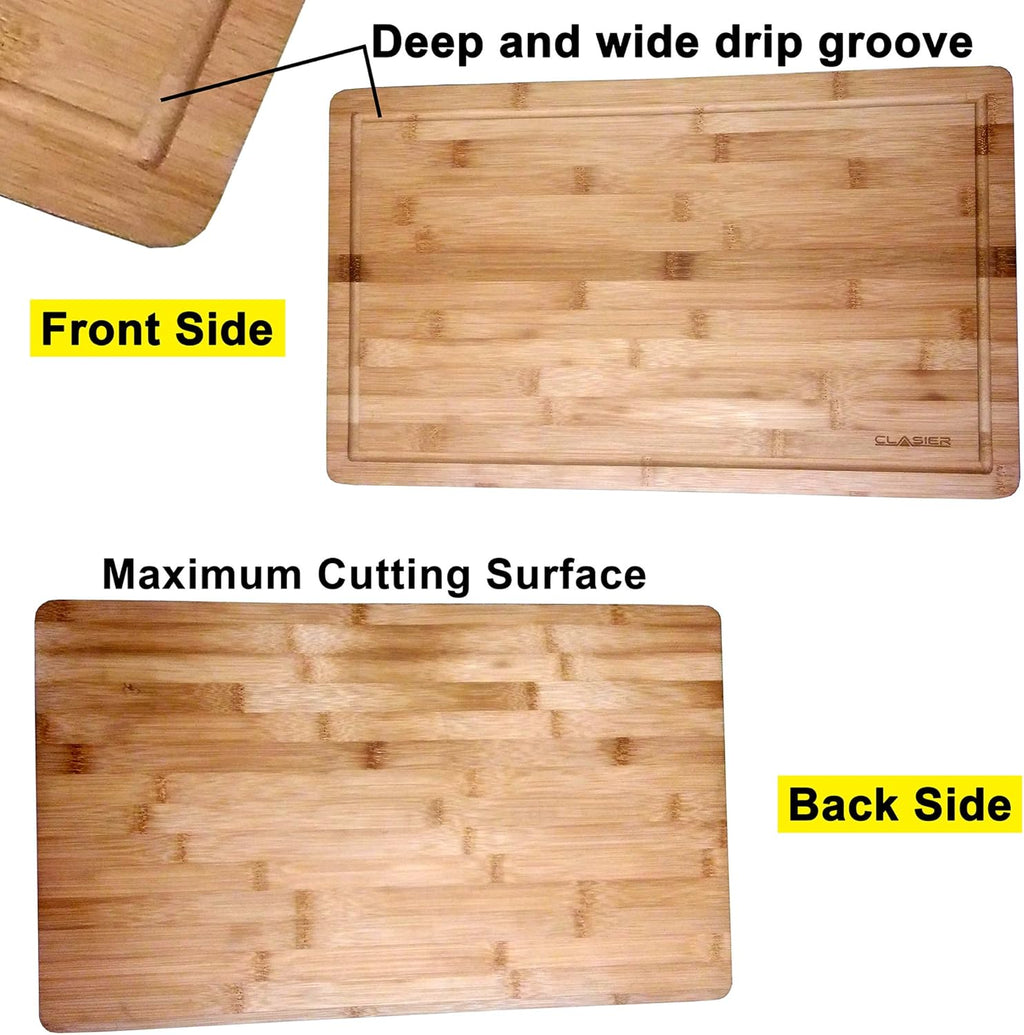 Bamboo Cutting Board Extra-Large 12" X 18" and Four Piece Utensils Set with Juice Tray Groove - Organic Perfect Solid Wood Eco and Knife -Friendly- Best Kitchen Chef Bread-Chopping Board: by