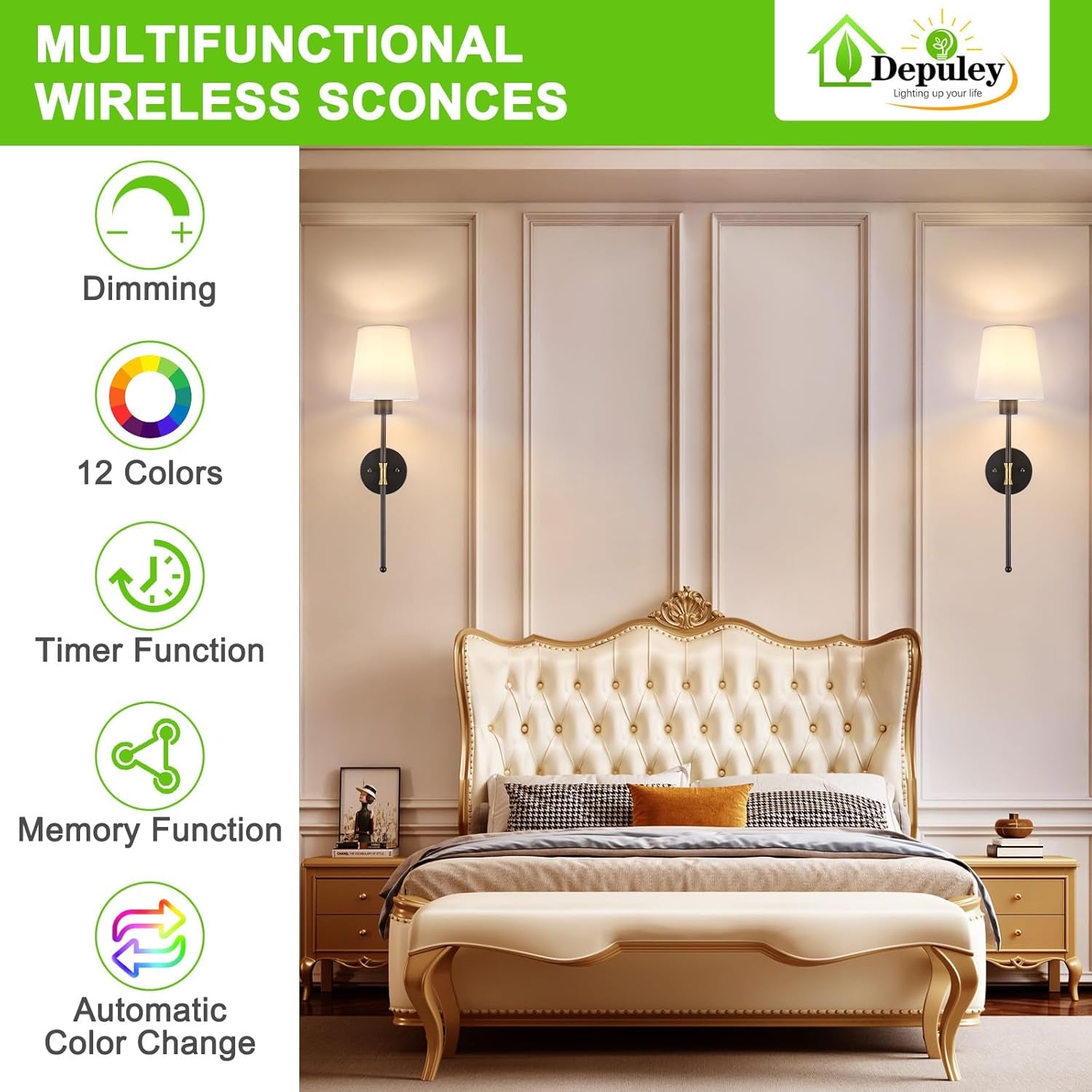 Battery Operated Wall Sconce: Set of 2 Wireless Wall Lights with Remote for Bedroom - Rechargeable 15 Colors Black and Gold Wall Lamp for Living Room Hallway