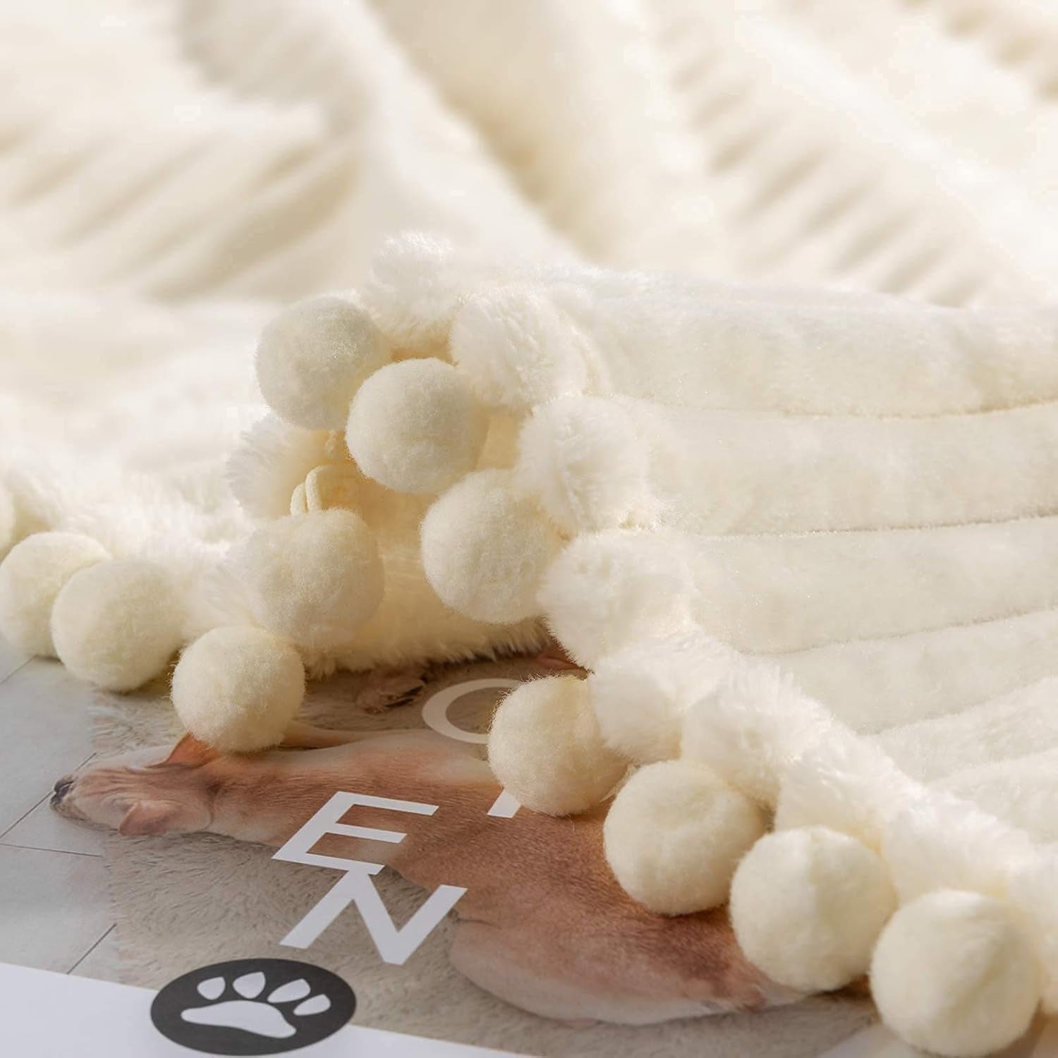 Fleece Blanket Throw Size – 51X63, Beige – Soft, Plush, Fluffy, Fuzzy, Warm, Cozy – Perfect Throw for Couch, Bed, Sofa - with Pompom Fringe - Flannel Blanket Throw Blanket
