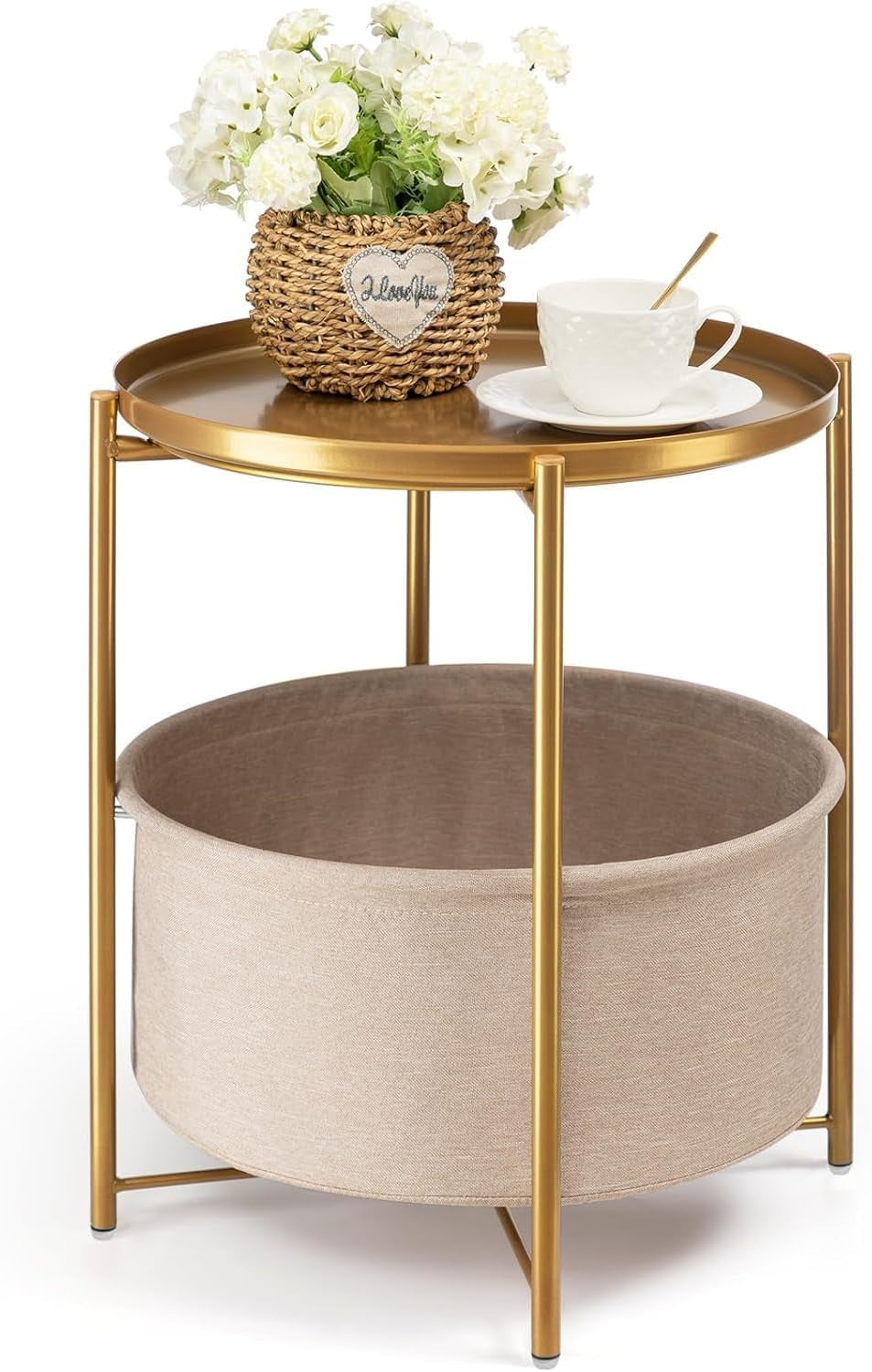round Side Table with Fabric Storage Basket, Metal Side Small Bedside Table Nightstand with Removable Tray Top for Living Room, Bedroom, Nursery, Laundry, Gold