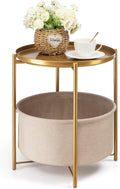round Side Table with Fabric Storage Basket, Metal Side Small Bedside Table Nightstand with Removable Tray Top for Living Room, Bedroom, Nursery, Laundry, Gold