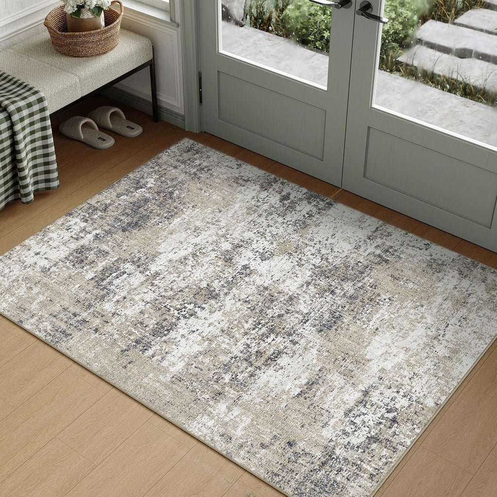 Washable Brown Area Rug 2X3 Modern Abstract Small Entryway Door Mat Neutral Soft Bathroom Carpet Low Pile Non Slip Indoor Throw Rug for Kitchen Bedroom Office Laundry Living Room