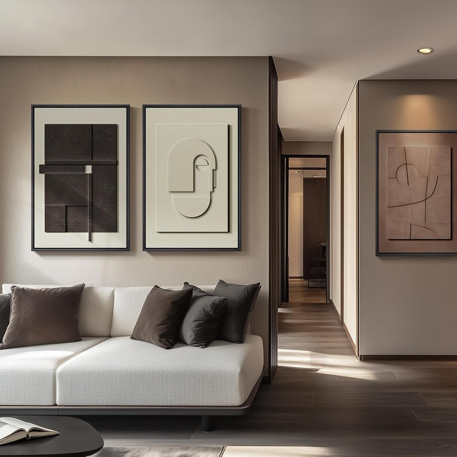 Large 3D Textured Framed Abstract Wall Art for Living Room, 3 Piece Modern Paintings Artwork for Walls, Black White Brown Geometric Sandstone Texture Pictures for Hallway Office Wall Decor 24X36 In