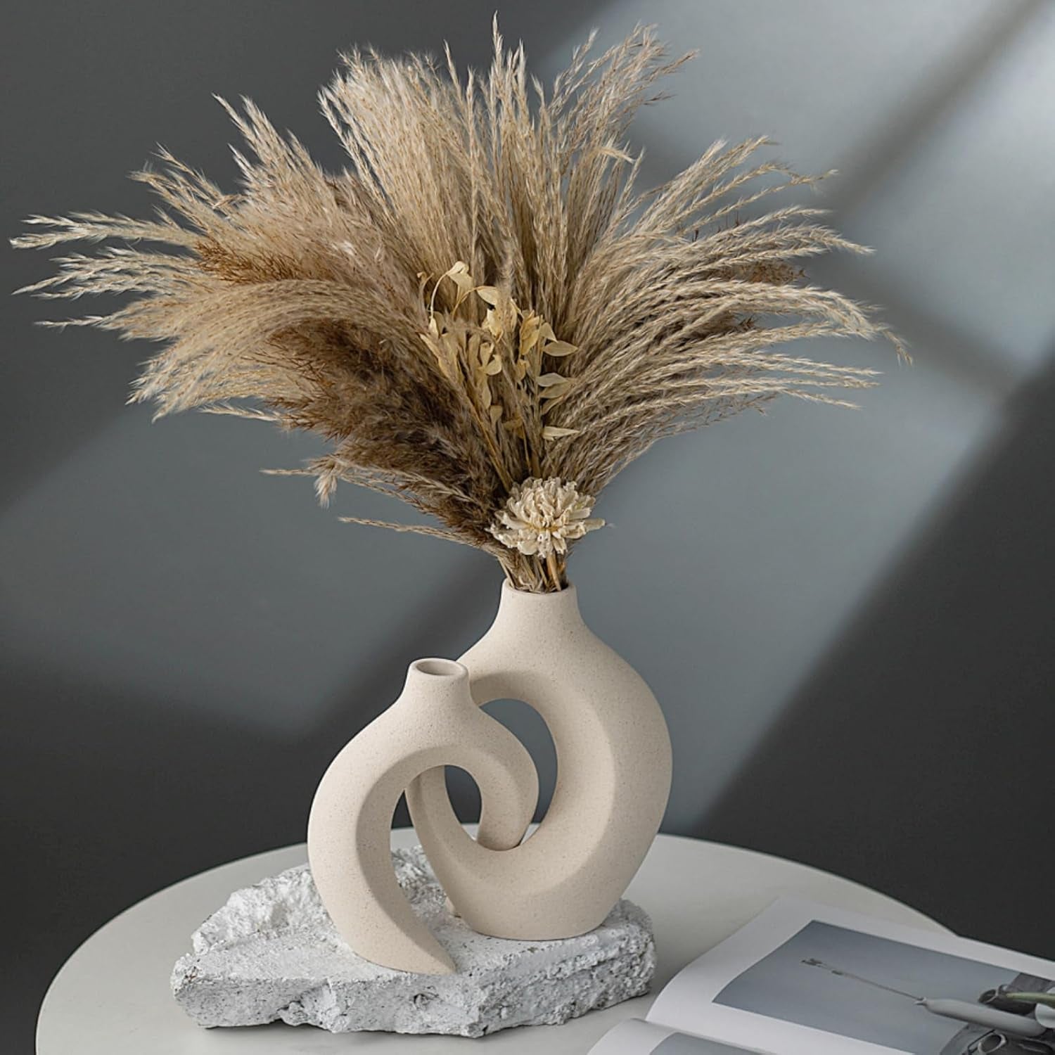 Snuggle Hollow Ceramic Vase Set of 2 for Coffee Table Decor, Donut Decorative Vases for Boho Modern Table Centerpieces Home Living Room Entryway Table Shelves Decoration (Beige W 6.3" X H 8.4")