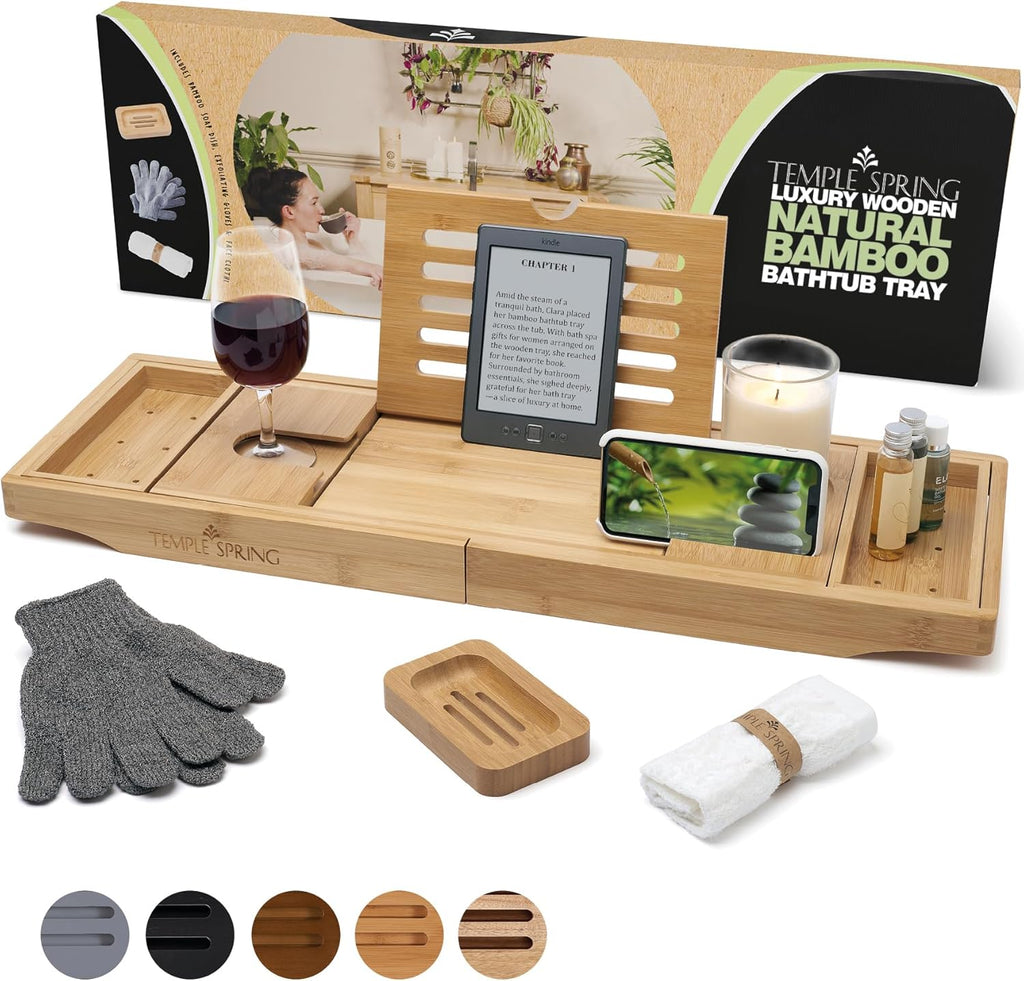 Wooden Bathtub Tray, Bamboo Bathroom Accessories, Bath Tray for Tub, at Home Spa Essentials, Board for Tub Table, Bath Caddy for Bathtub Accessories & Bathroom Essentials – Natural