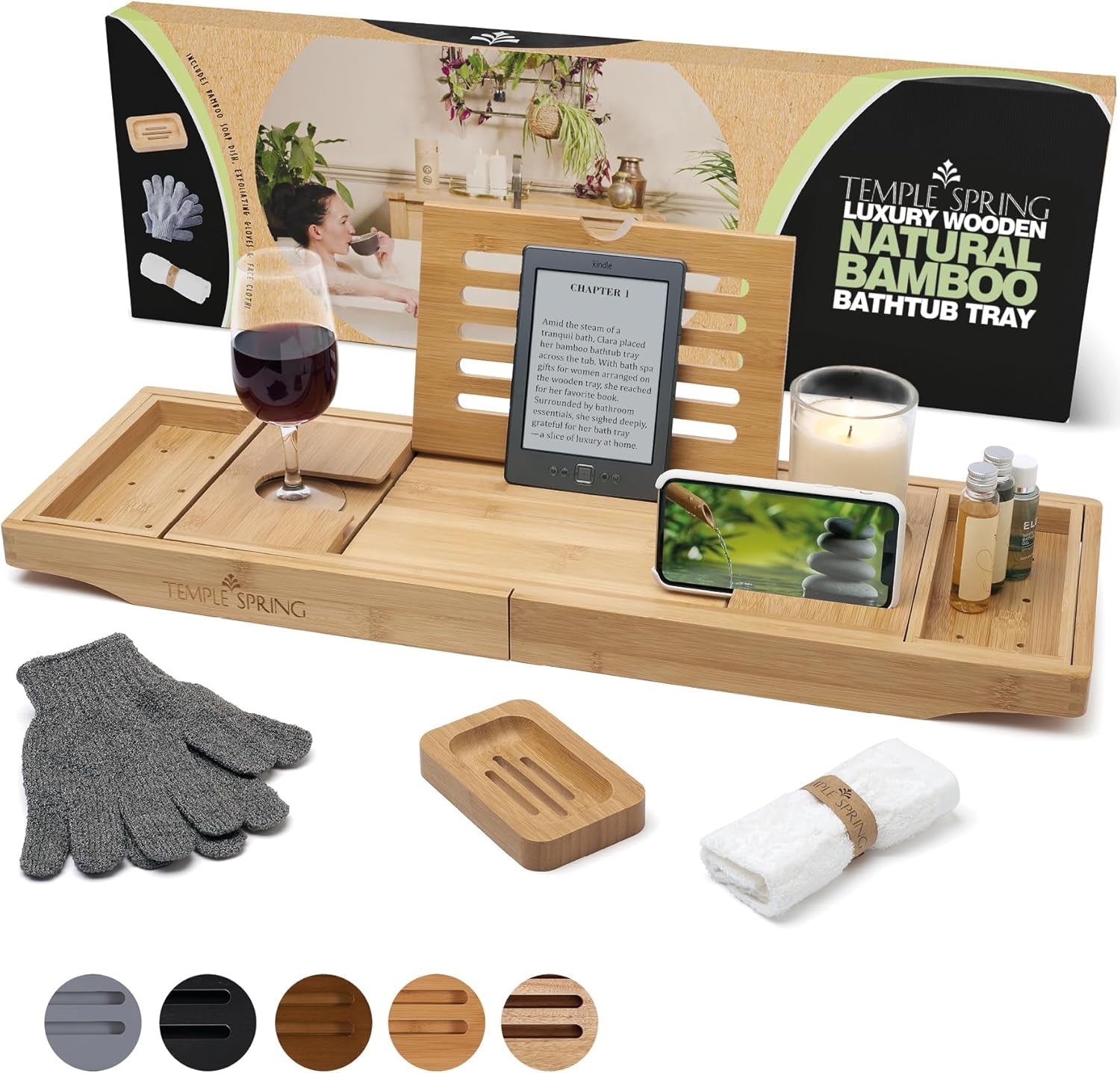 Wooden Bathtub Tray, Bamboo Bathroom Accessories, Bath Tray for Tub, at Home Spa Essentials, Board for Tub Table, Bath Caddy for Bathtub Accessories & Bathroom Essentials – Natural