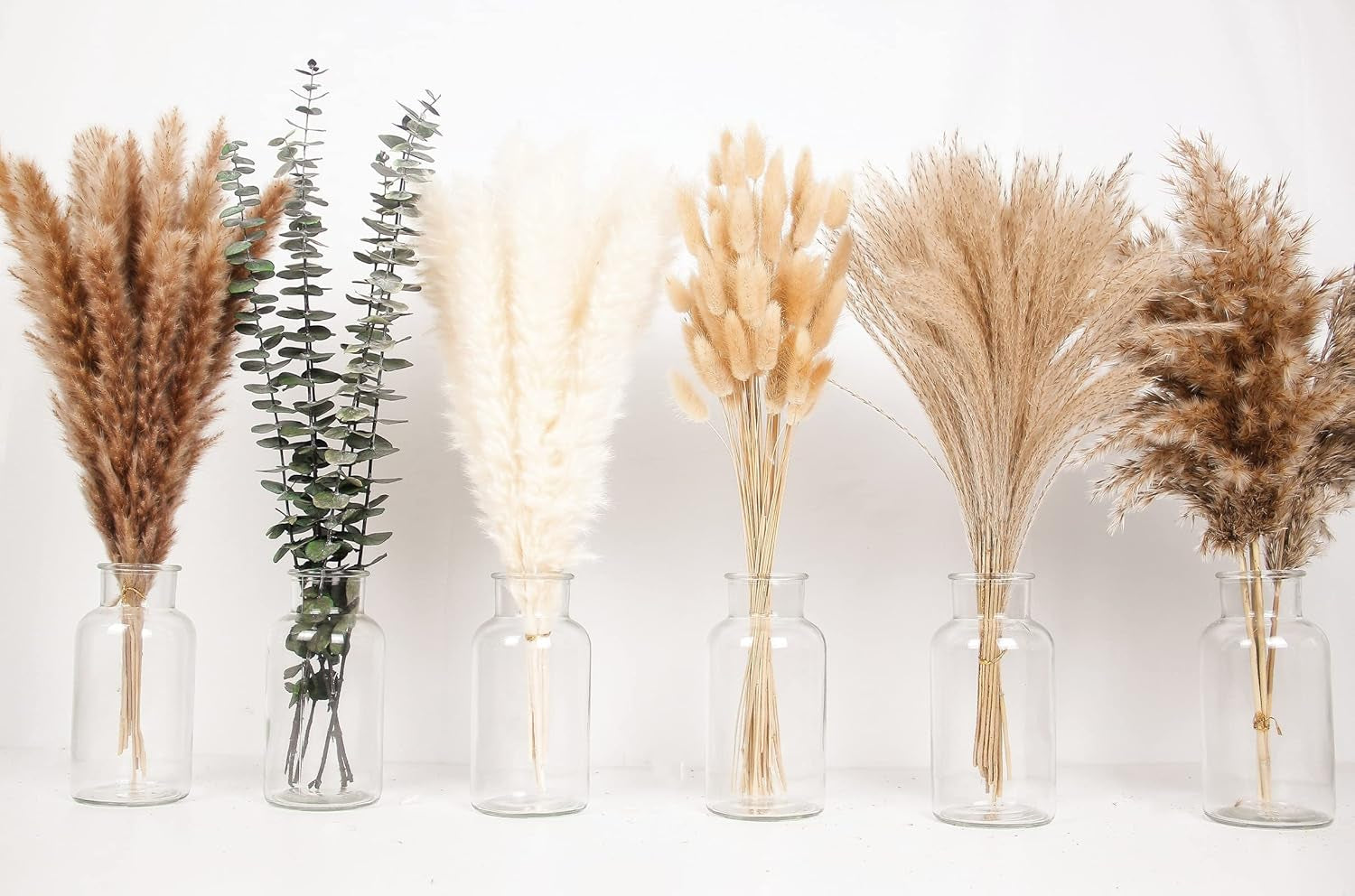 110 PCS of Boho Pampas Grass Decor, Naturally Dried Pompas, Bunny Tails Dried Flowers, and Dried Eucalyptus. Perfect for Weddings, Boho Party Decorations, and Table Decor.