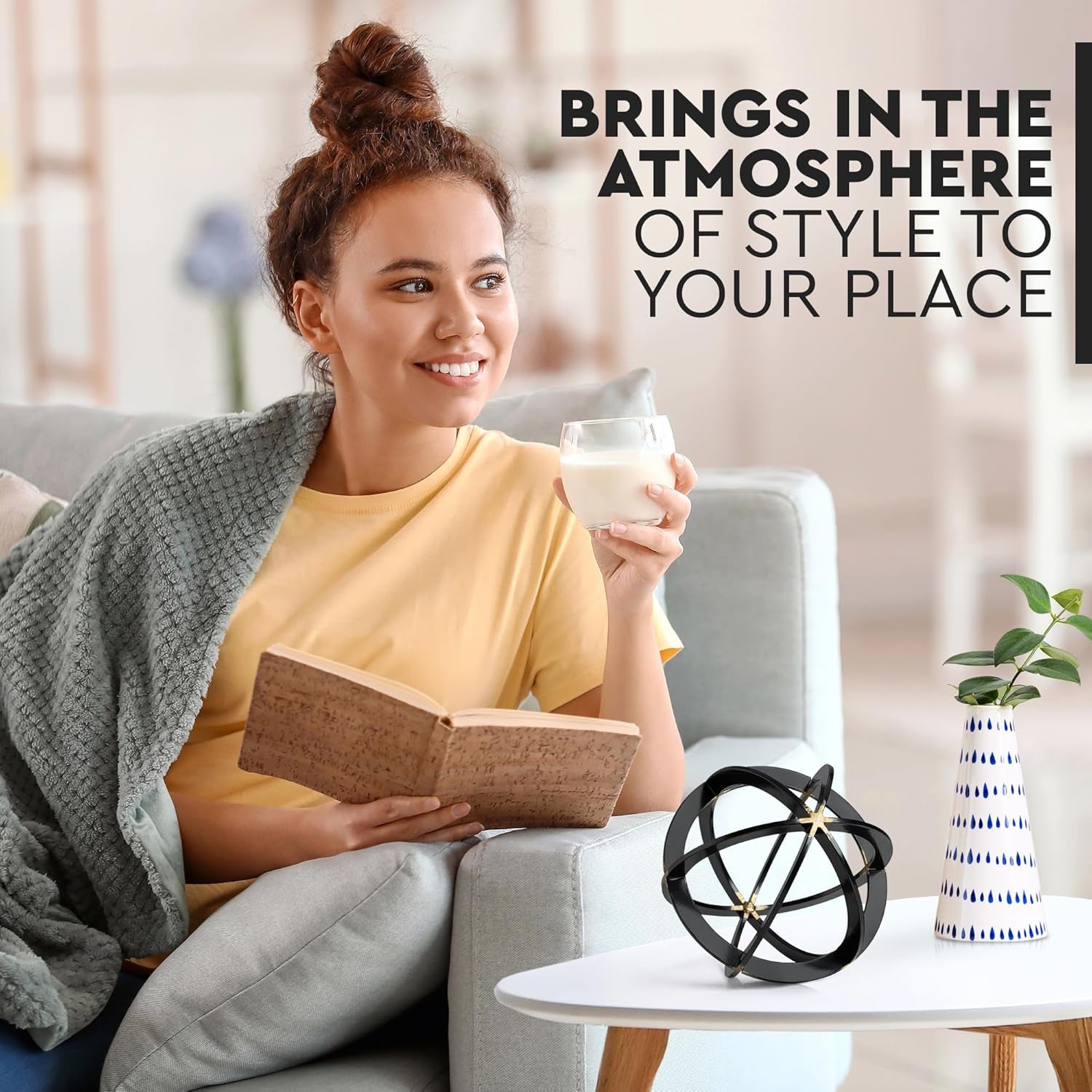 Decorative Sphere for Home Decor - Black & Gold, Hand Painted, Modern Decorative Balls for Living Room, Bedroom, Kitchen, Bathroom, Office - Table Decorative Orbs for Centerpiece